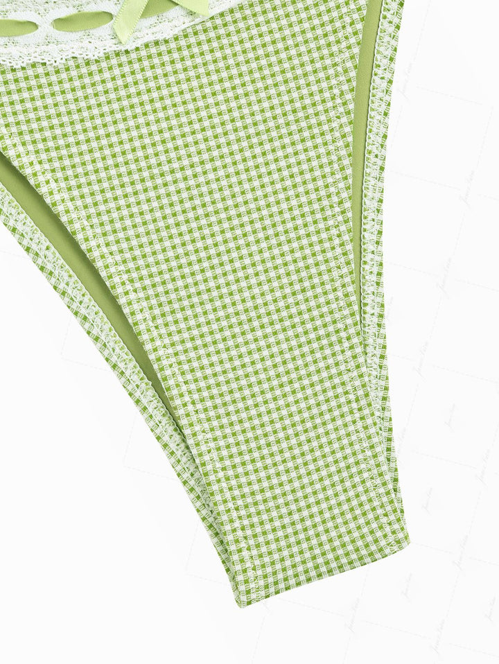 Green Plaid Lace Bowknot Tie Side Cheeky Tankini Set