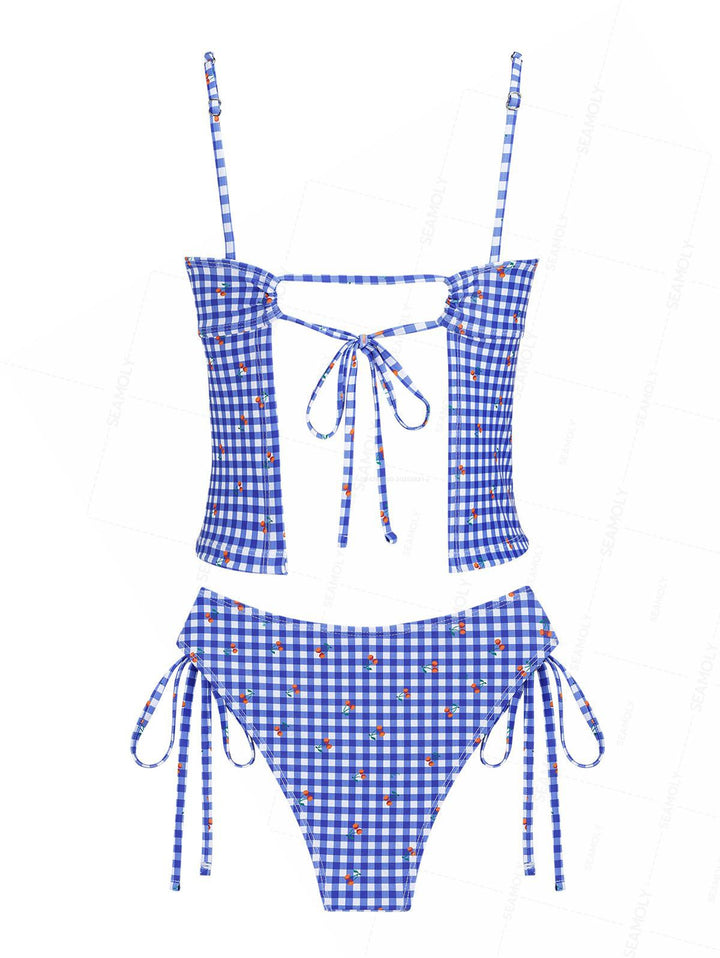 Seamolly Retro Vintage Gingham Cherry Print Bowknot Cinched Tied Tankini Set
