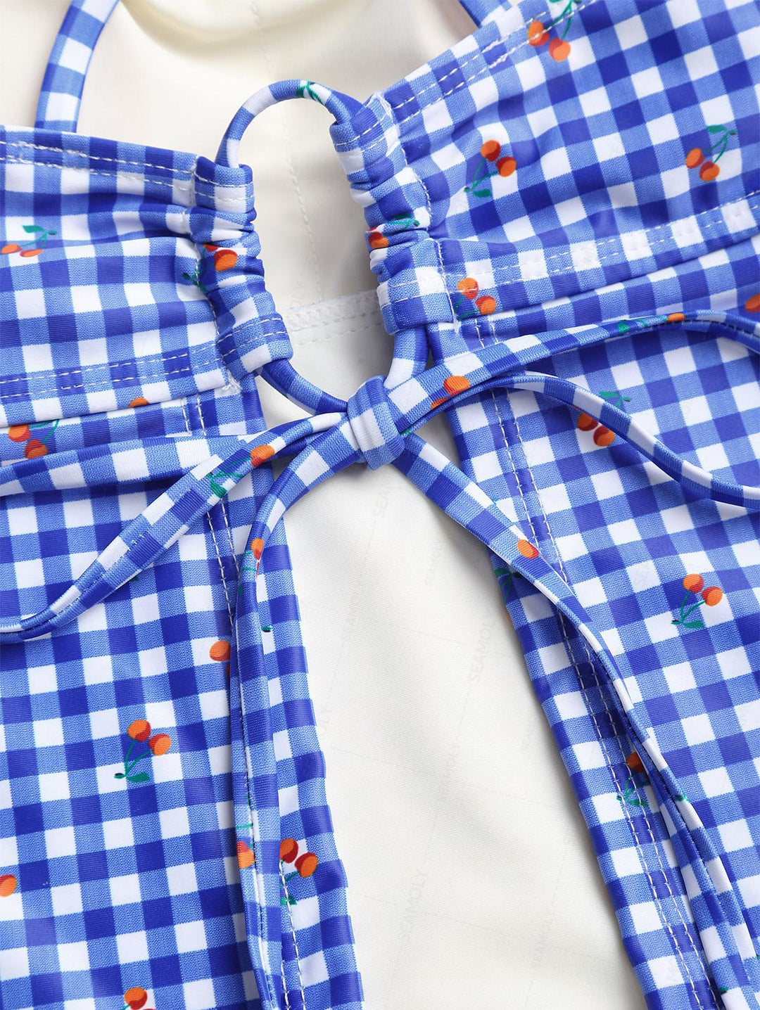 Seamolly Retro Vintage Gingham Cherry Print Bowknot Cinched Tied Tankini Set