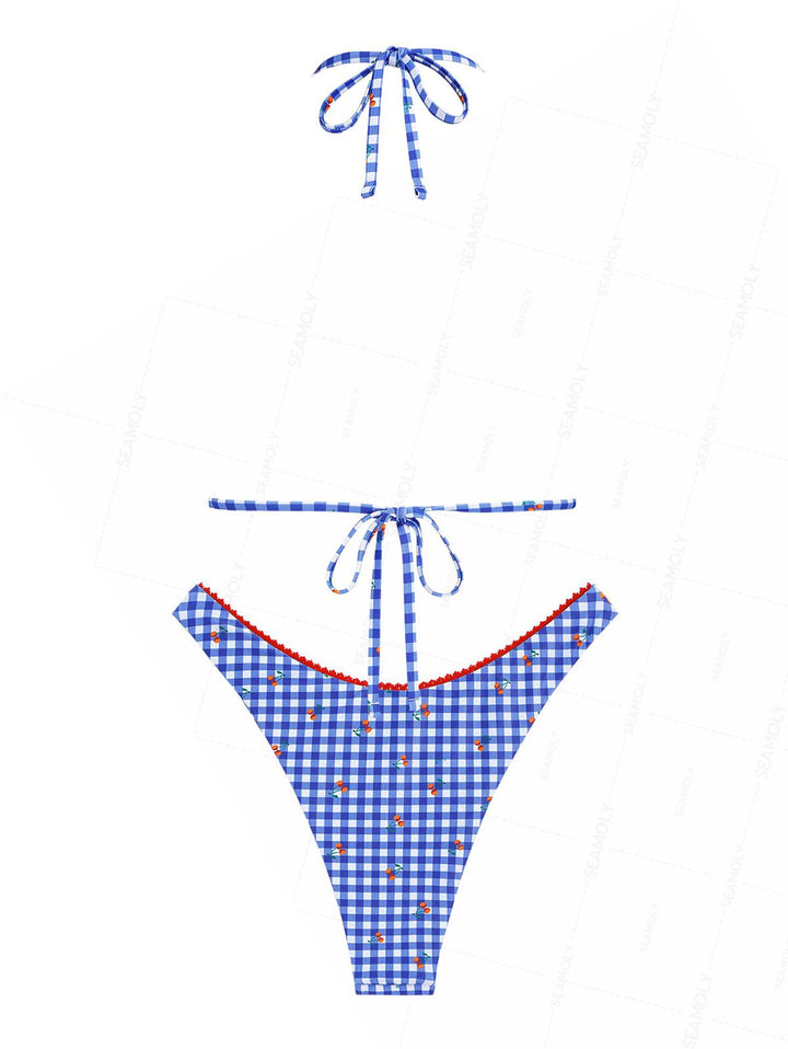 Seamolly Gingham Cherry Lace Bowknot Halter Triangle Cheeky Bikini Set