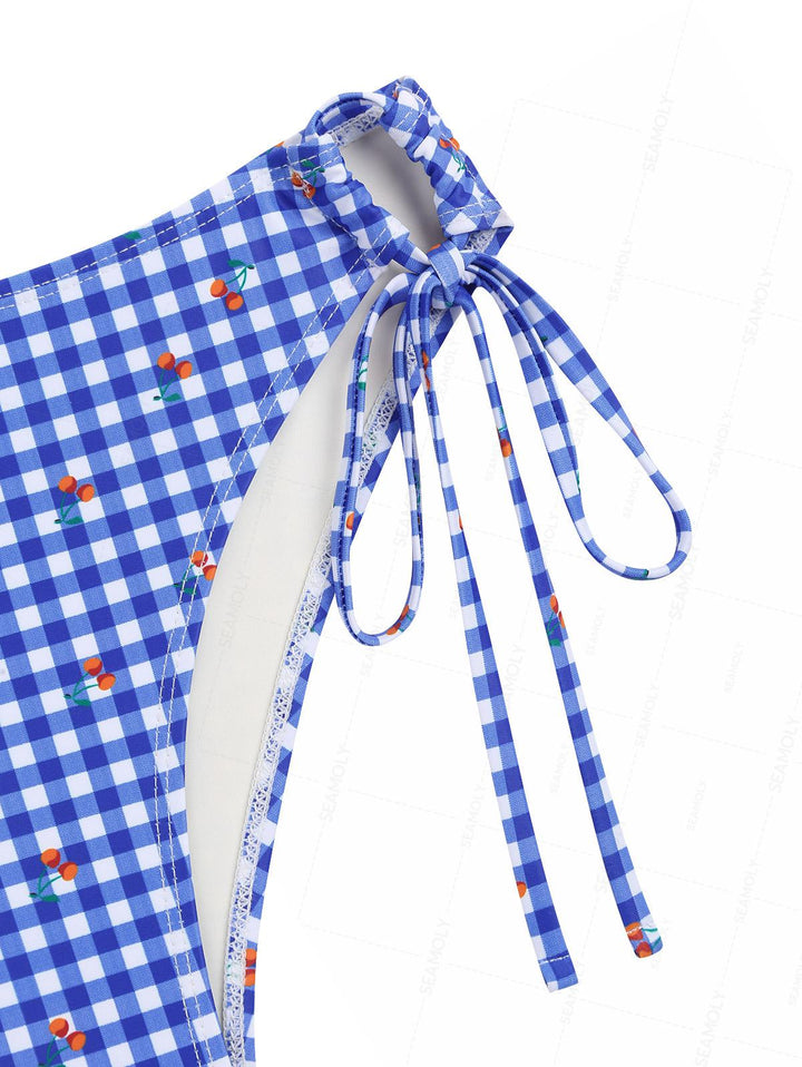 Seamolly Retro Vintage Gingham Cherry Print Bowknot Cinched Tied Tankini Set