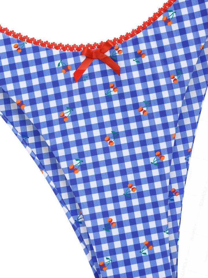 Seamolly Gingham Cherry Lace Bowknot Halter Triangle Cheeky Bikini Set