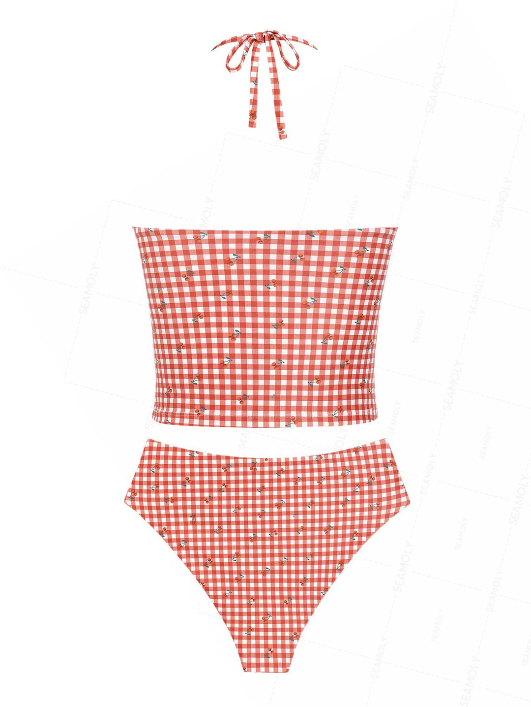 Seamolly Retro Vintage Gingham Cherry Plunging Neck Halter Tied Full Coverage Tankini Set