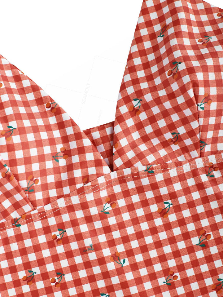 Seamolly Retro Vintage Gingham Cherry Plunging Neck Halter Tied Full Coverage Tankini Set