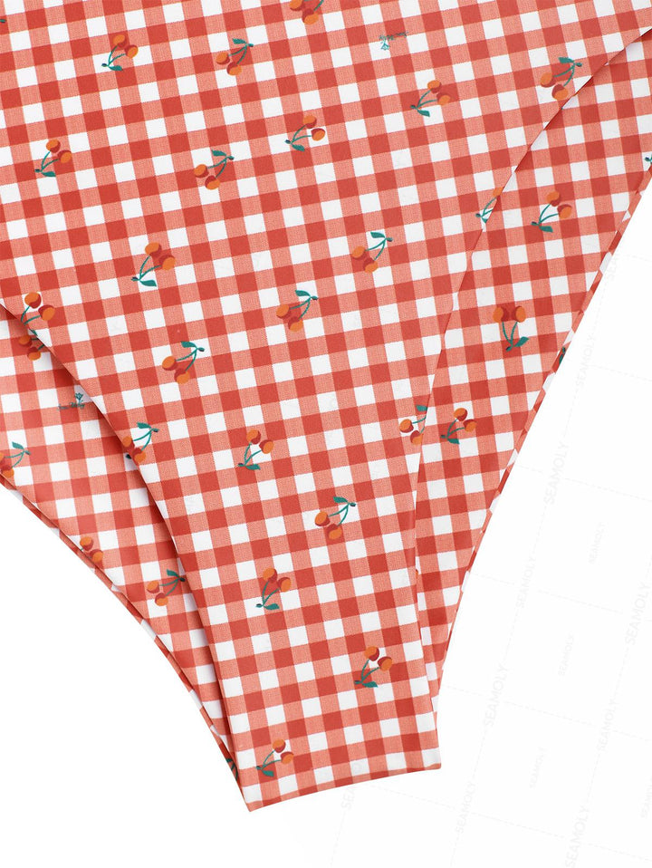 Seamolly Retro Vintage Gingham Cherry Plunging Neck Halter Tied Full Coverage Tankini Set