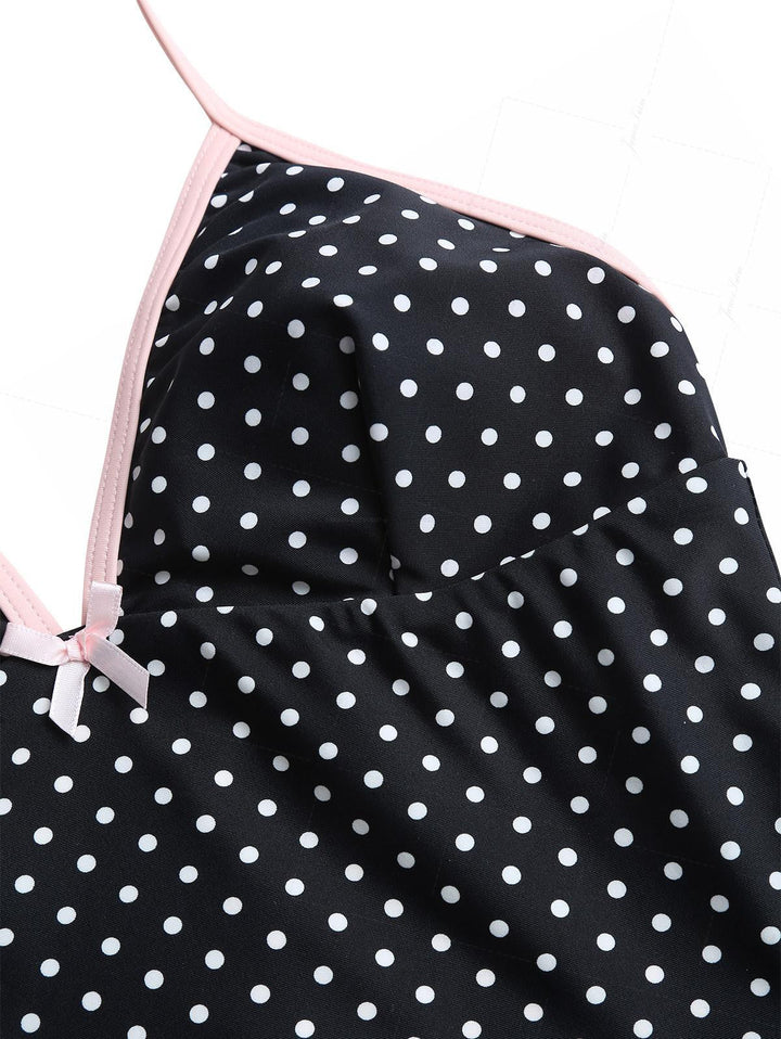 Black Polka Dot Print Bowknot Halter Cinched Tie Side Tankini Set