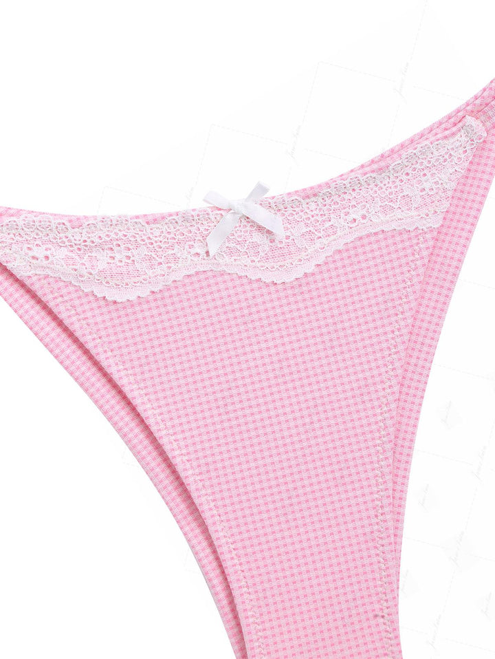 Light Pink Knitted Plaid Lace Halter Tank Top & Cheeky Brazilian Bottom Tankini Set