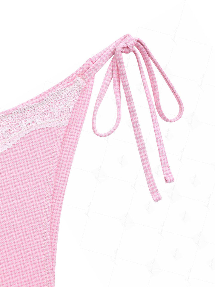 Light Pink Knitted Plaid Lace Halter Tank Top & Cheeky Brazilian Bottom Tankini Set