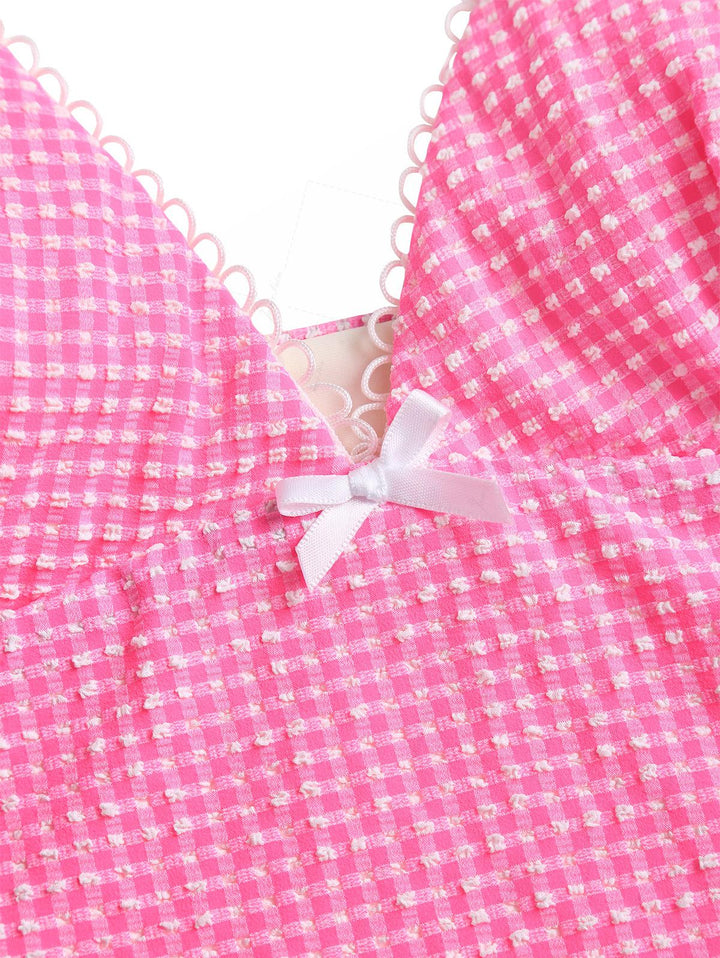Light Pink Bubble Grid Picot Bowknot Tie Side Tankini Set