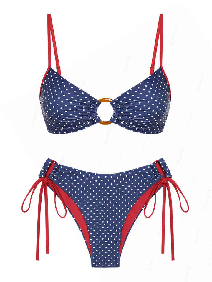Seamolly Polka Dot Print O Ring Cinched Tie Side Hipster Bikini Set