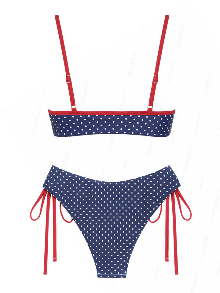 Seamolly Polka Dot Print O Ring Cinched Tie Side Hipster Bikini Set