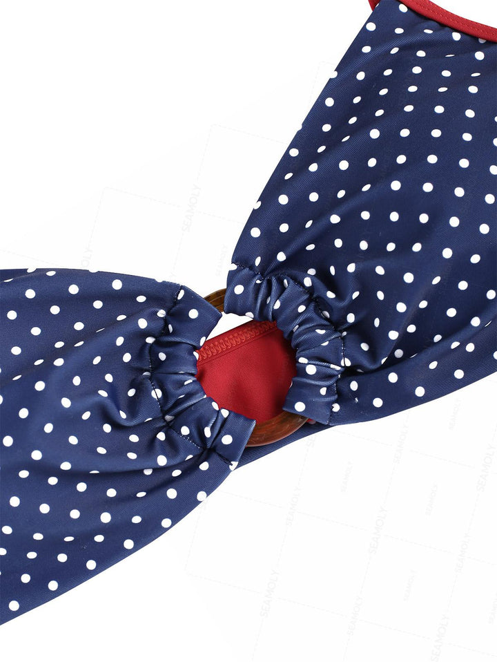 Seamolly Polka Dot Print O Ring Cinched Tie Side Hipster Bikini Set