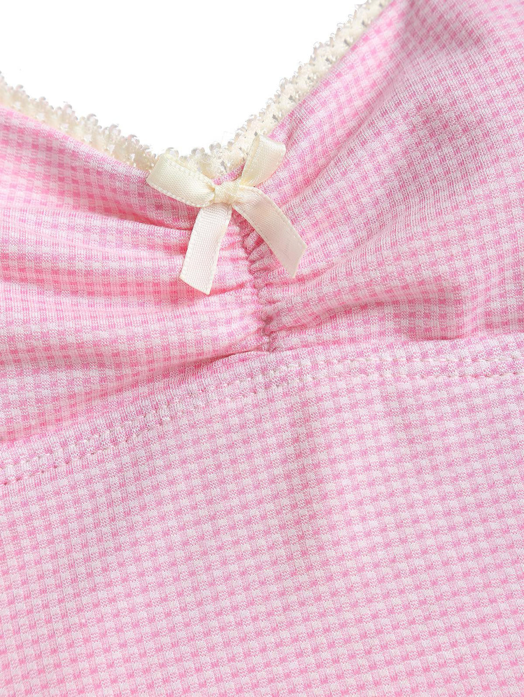 Light Pink Knitted Plaid Lace Bowknot Cheeky Boyshorts Tankini Set