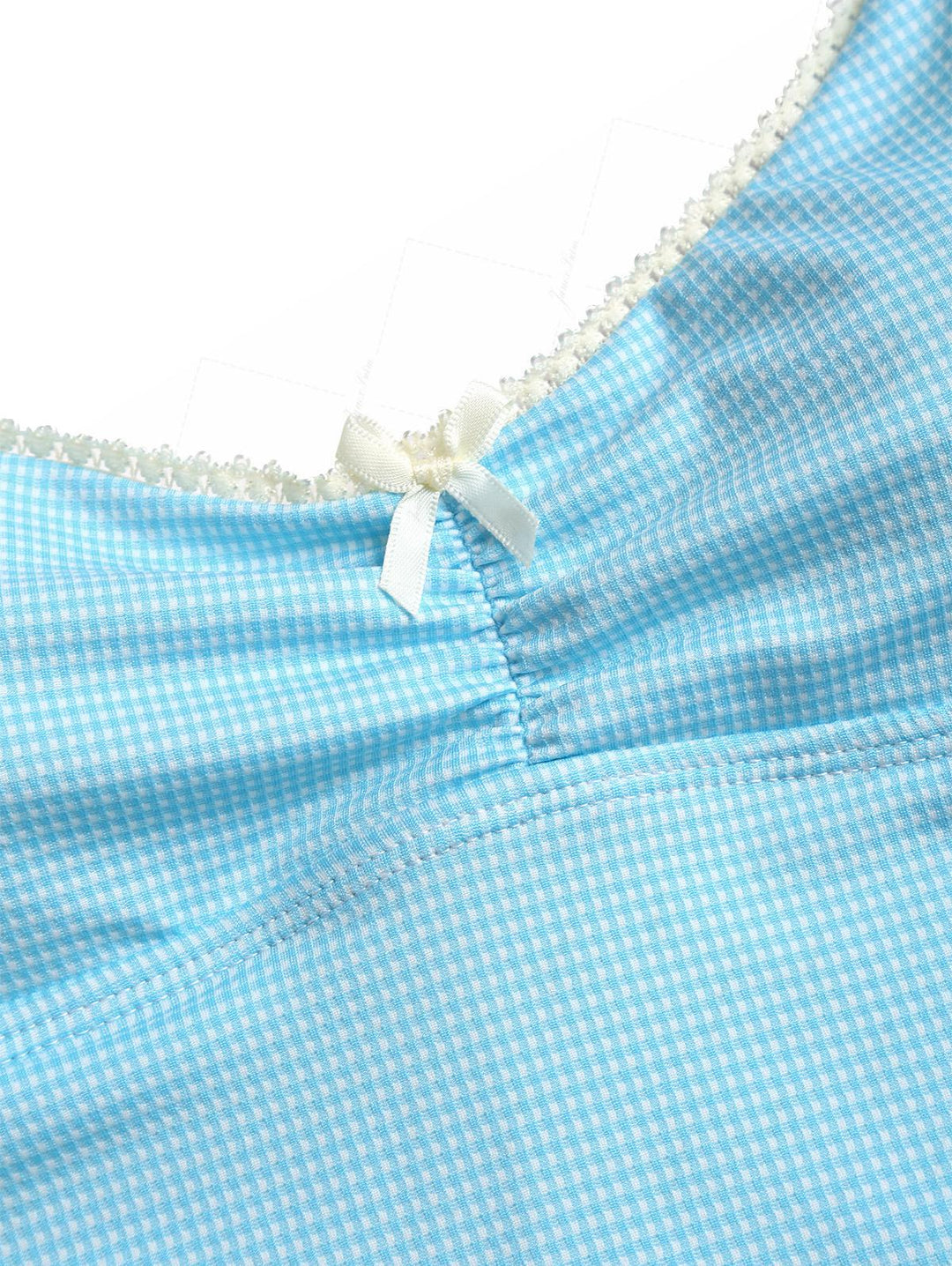 Sky Blue Plaid Ruched Lace Bowknot Cheeky Boyshorts Tankini Set