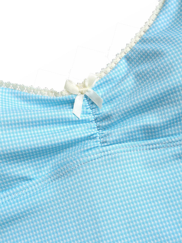 Sky Blue Plaid Ruched Lace Bowknot Cheeky Boyshorts Tankini Set