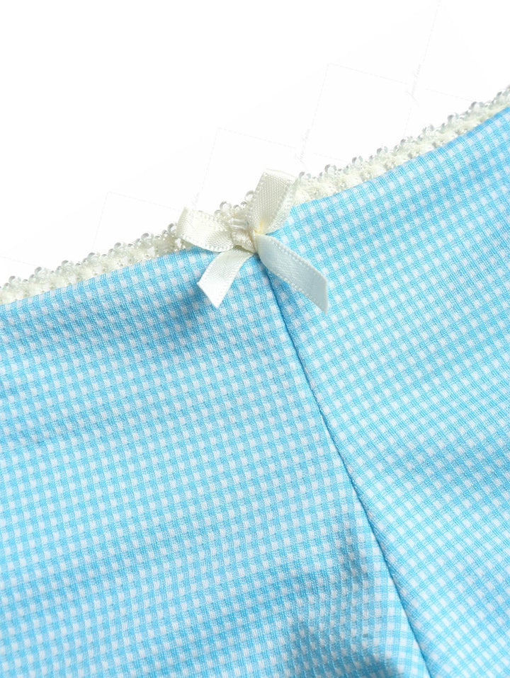 Sky Blue Plaid Ruched Lace Bowknot Cheeky Boyshorts Tankini Set