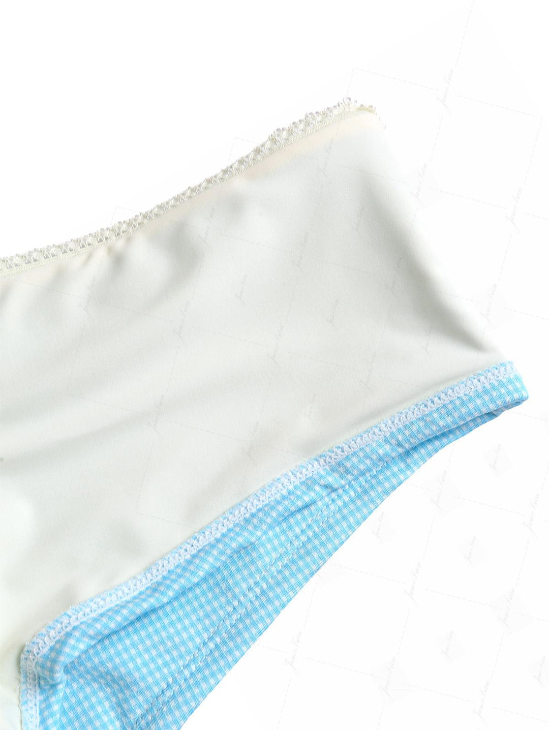 Sky Blue Plaid Ruched Lace Bowknot Cheeky Boyshorts Tankini Set