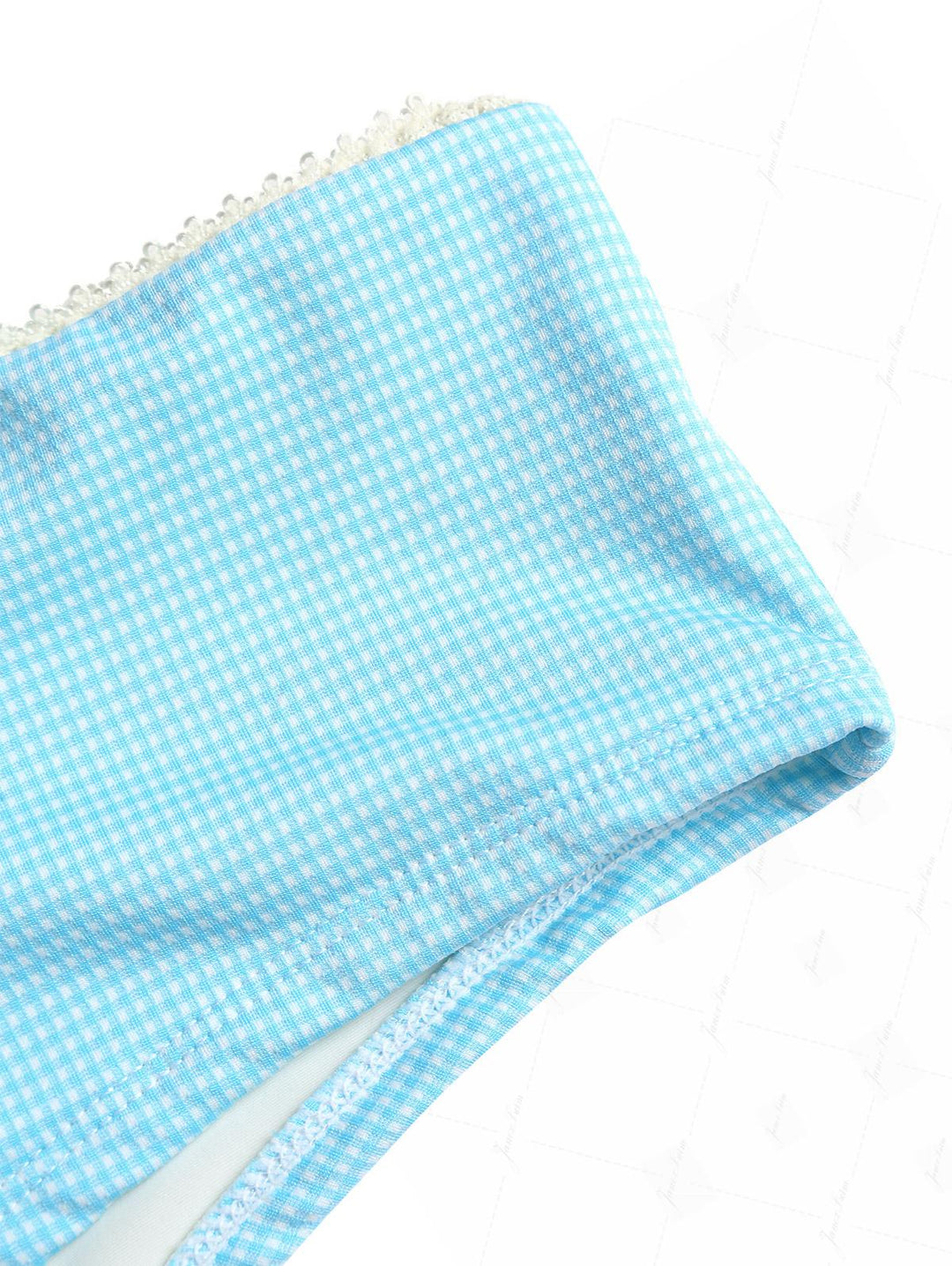 Sky Blue Plaid Ruched Lace Bowknot Cheeky Boyshorts Tankini Set