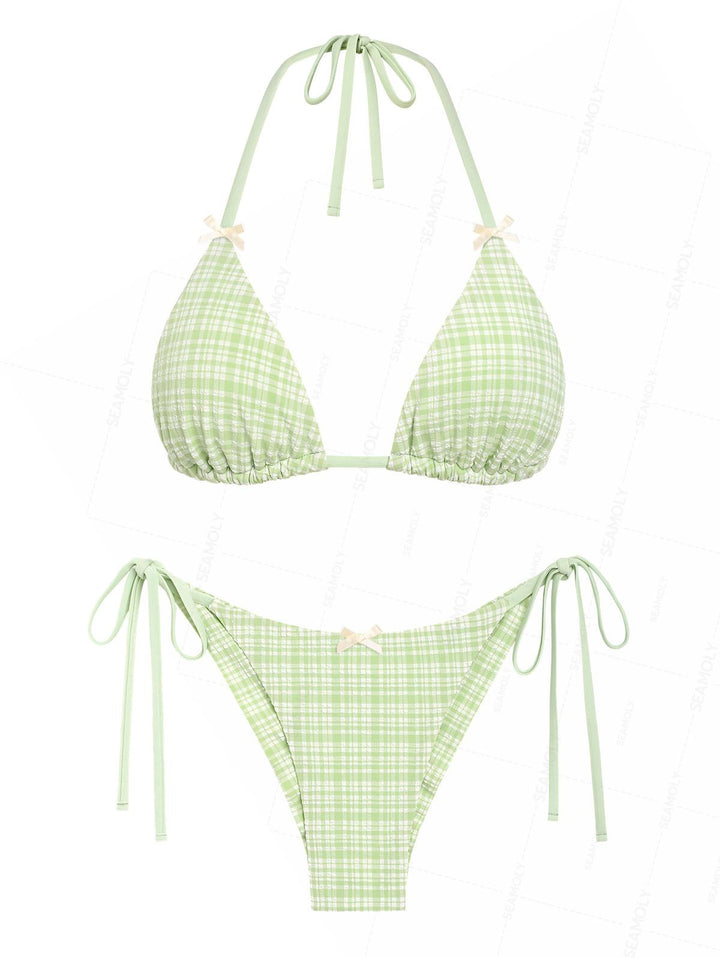 Seamolly Plaid Bowknot Halter Triangle Top & Brazilian Bottom Bikini Set