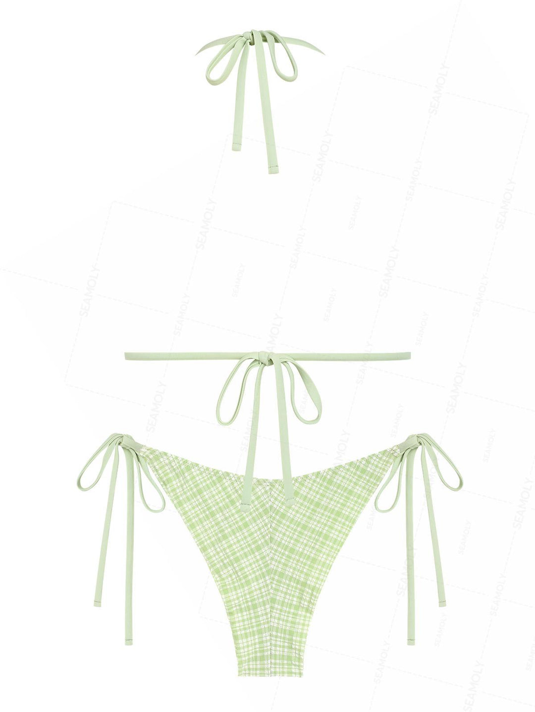 Seamolly Plaid Bowknot Halter Triangle Top & Brazilian Bottom Bikini Set