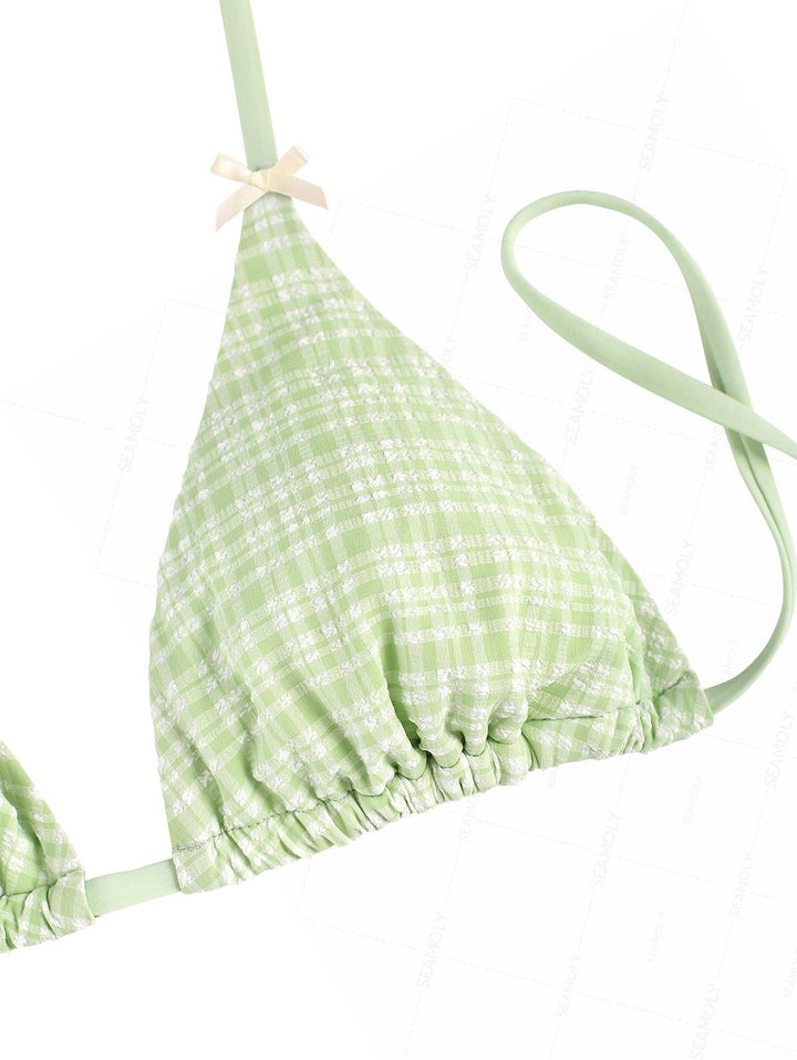 Seamolly Plaid Bowknot Halter Triangle Top & Brazilian Bottom Bikini Set