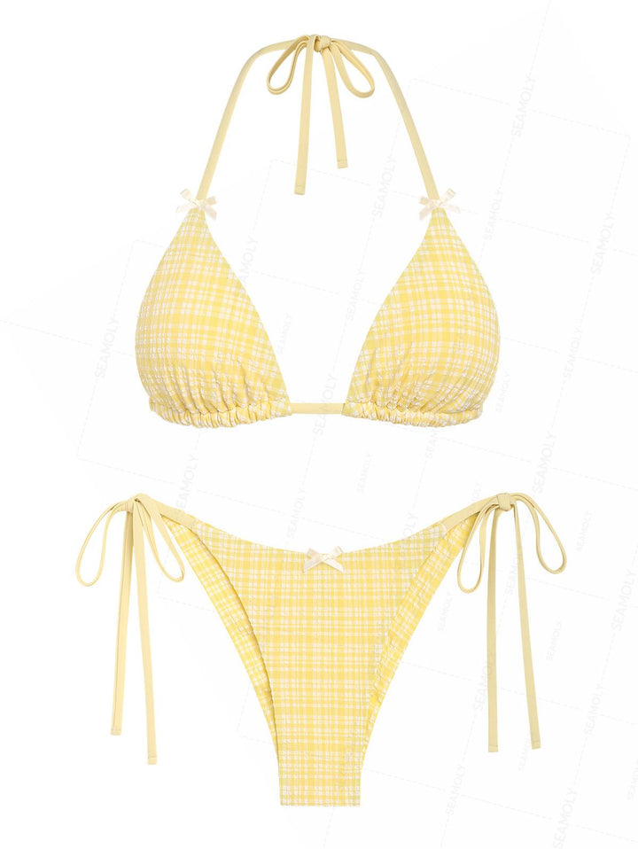 Seamolly Plaid Bowknot Halter Triangle Top & Brazilian Bottom Bikini Set
