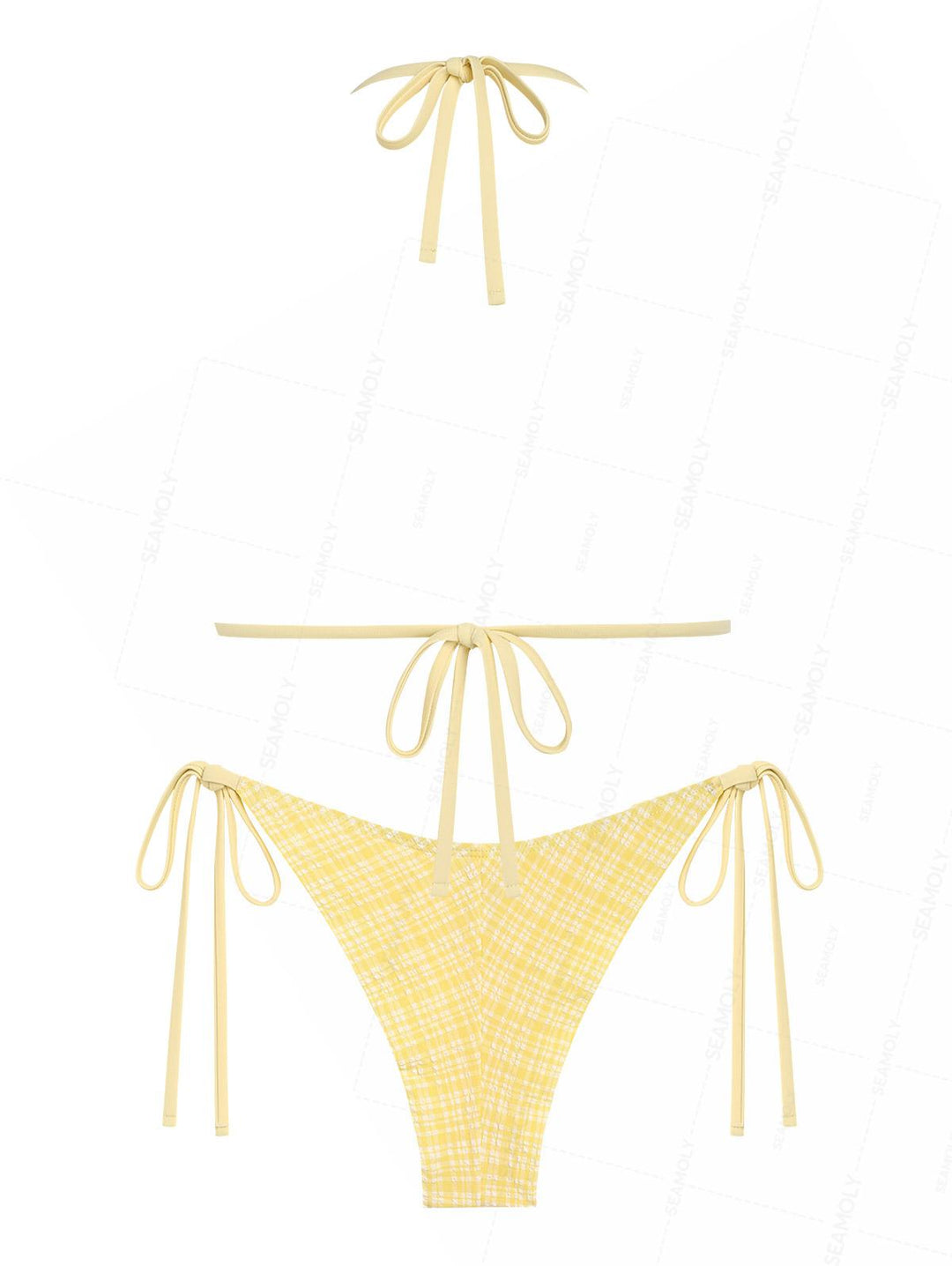 Seamolly Plaid Bowknot Halter Triangle Top & Brazilian Bottom Bikini Set