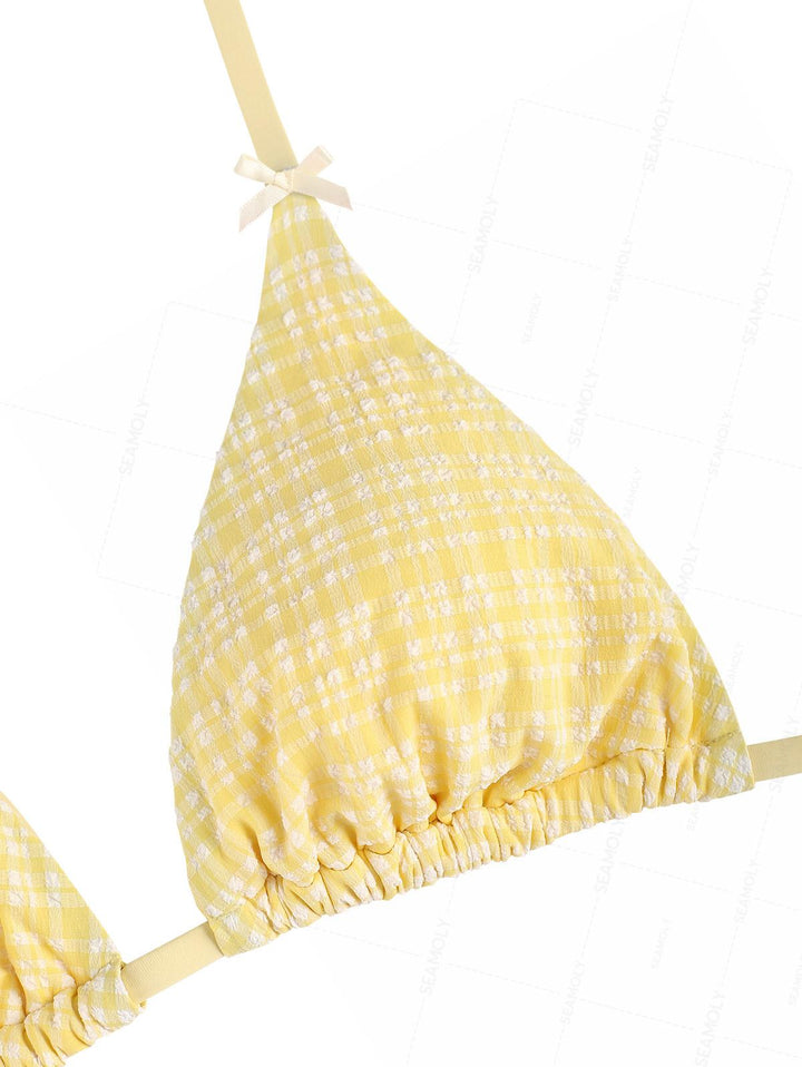 Seamolly Plaid Bowknot Halter Triangle Top & Brazilian Bottom Bikini Set