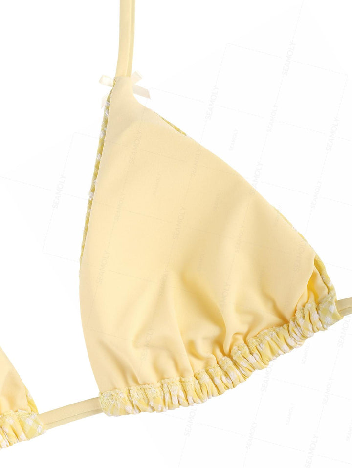 Seamolly Plaid Bowknot Halter Triangle Top & Brazilian Bottom Bikini Set