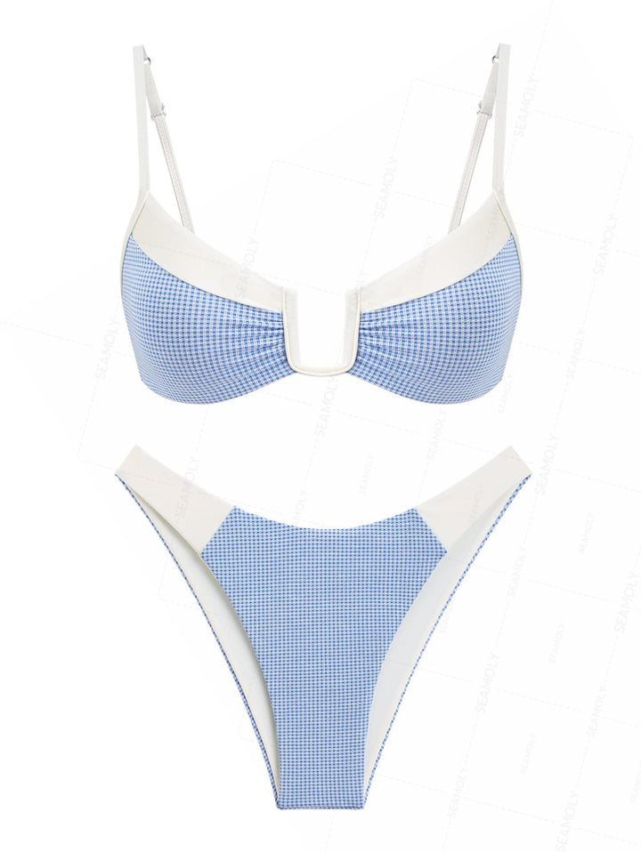 Seamolly Gingham Contrast Color Ruched U-ring Cheeky Bikini Set