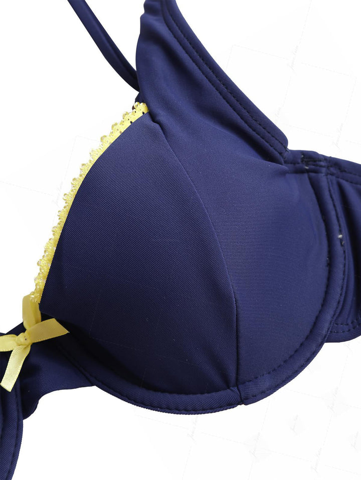 Deep Blue Contrast Lace Bowknot Underwire Cheeky Boyshorts Bikini Set