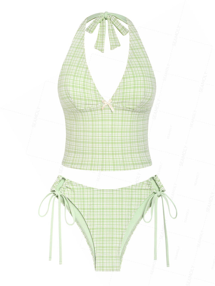 Seamolly Plaid Bowknot Lace Up Back Halter Tankini Set