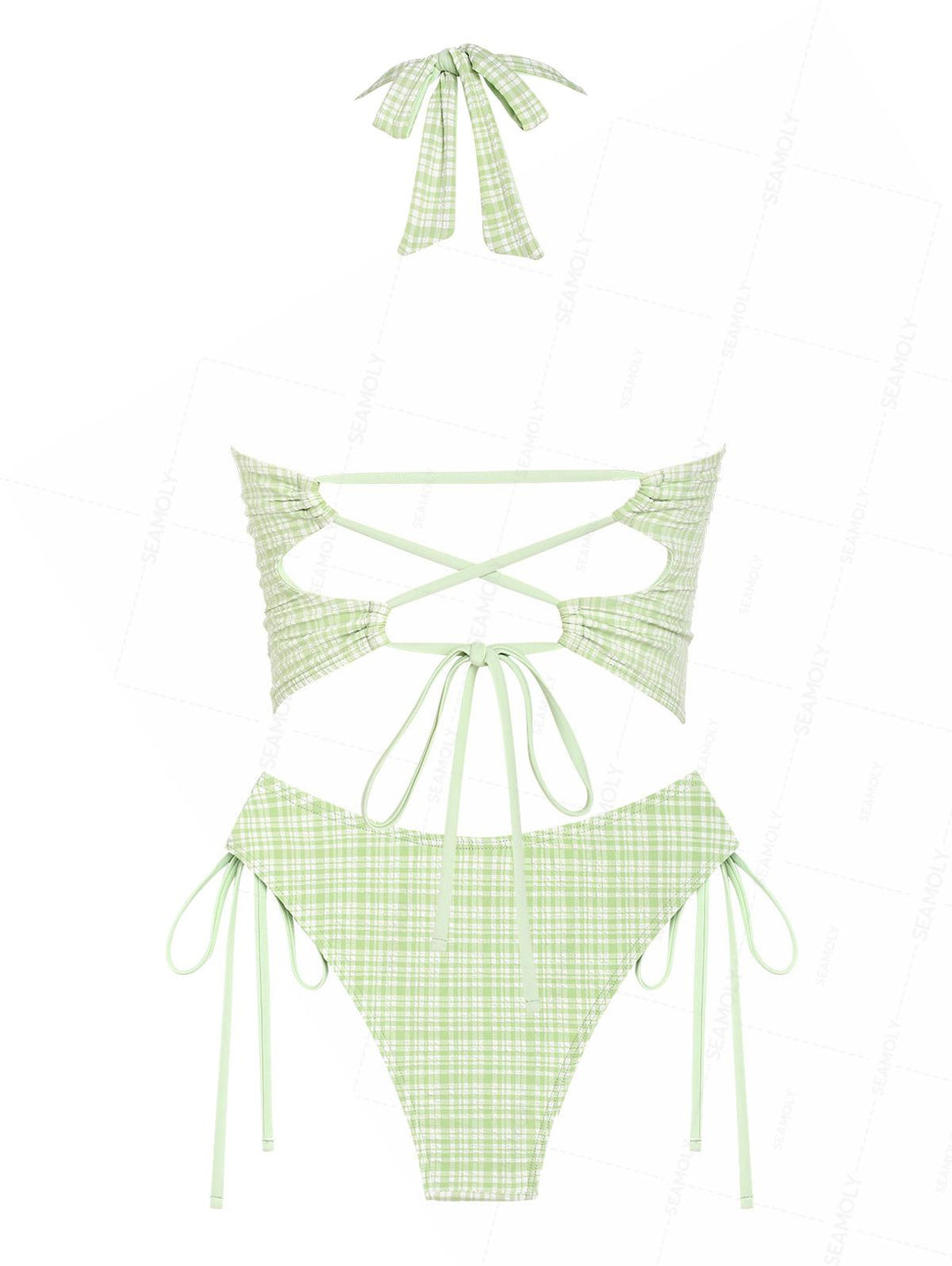 Seamolly Plaid Bowknot Lace Up Back Halter Tankini Set