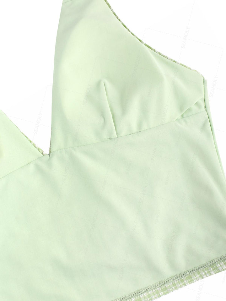 Seamolly Plaid Bowknot Lace Up Back Halter Tankini Set