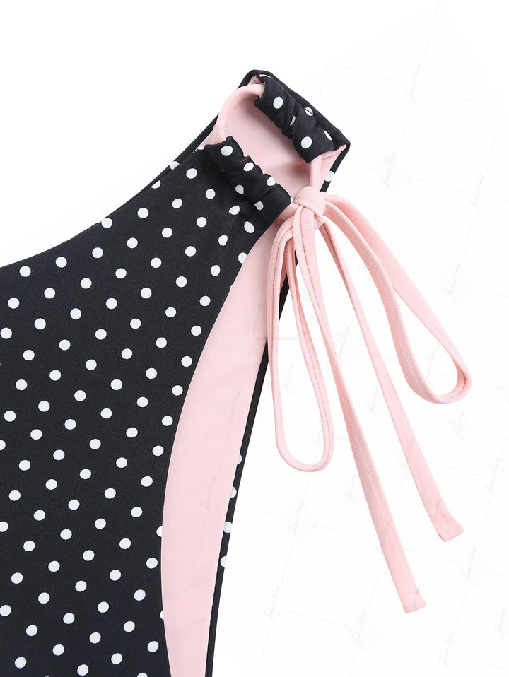 Black Polka Dot Print Bowknot Halter Cinched Tie Side Tankini Set