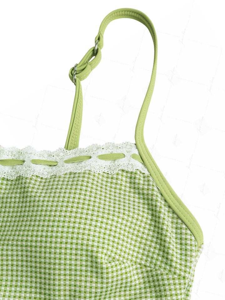 Green Plaid Lace Bowknot Tie Side Cheeky Tankini Set