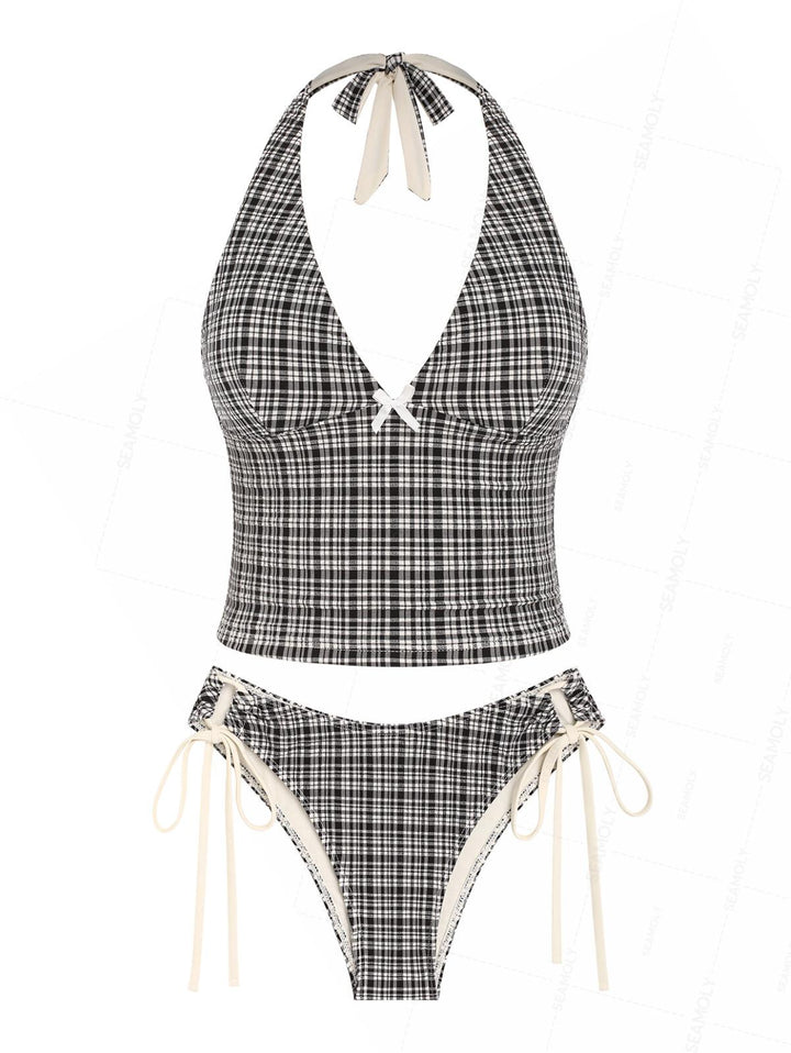 Seamolly Vintage Plaid Bowknot Lace Up Back Halter Tankini Set