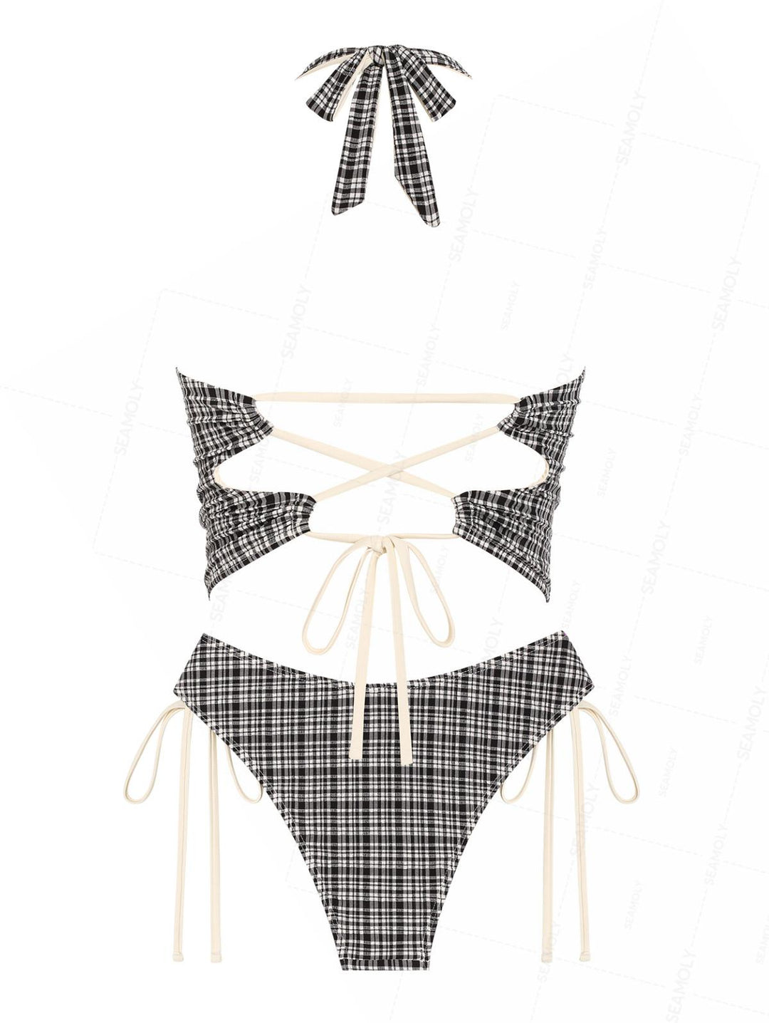 Seamolly Vintage Plaid Bowknot Lace Up Back Halter Tankini Set