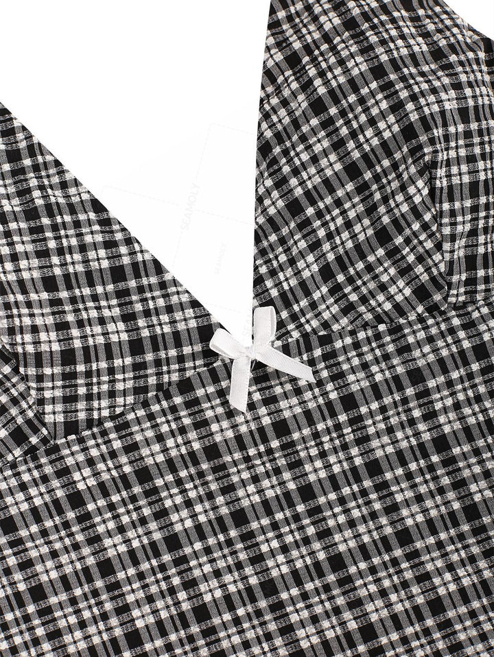 Seamolly Vintage Plaid Bowknot Lace Up Back Halter Tankini Set