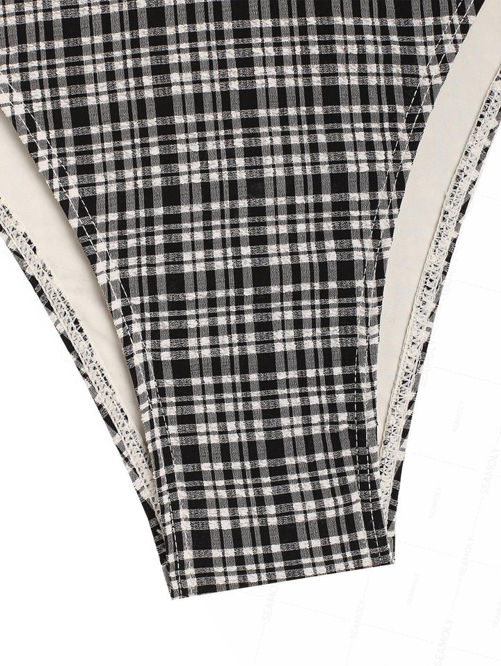 Seamolly Vintage Plaid Bowknot Lace Up Back Halter Tankini Set