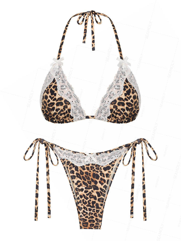 Seamolly Leopard Lace Bowknot Halter Triangle Tie Side Bikini Set