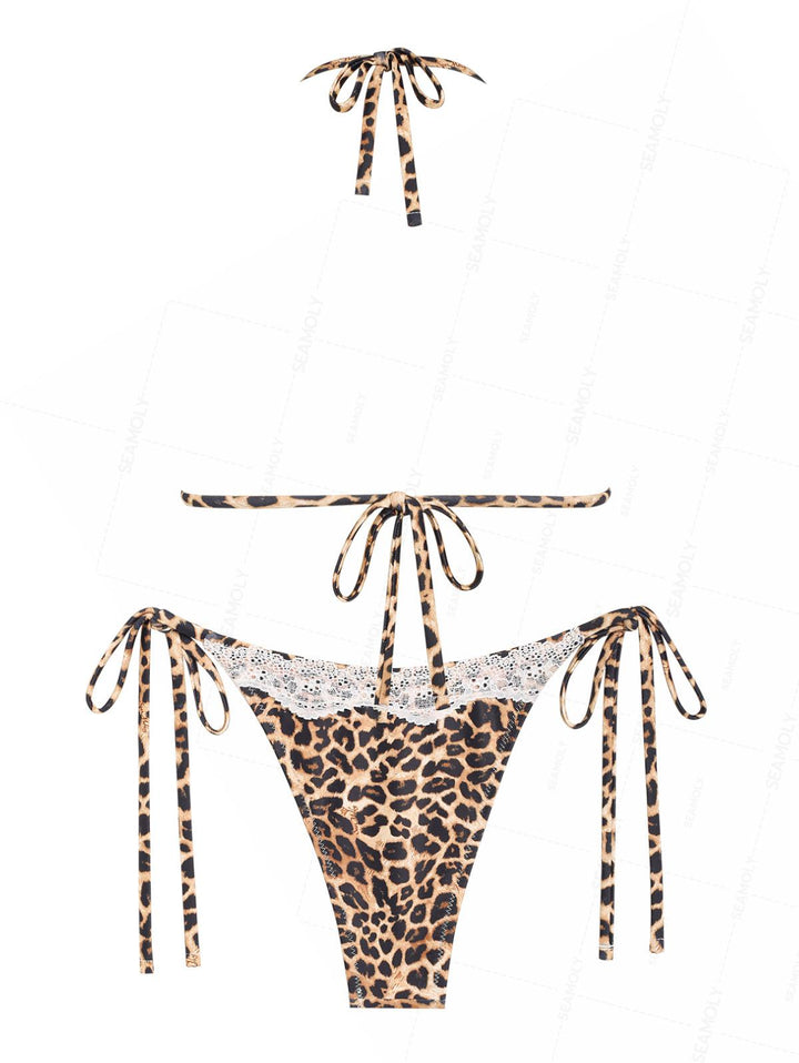 Seamolly Leopard Lace Bowknot Halter Triangle Tie Side Bikini Set