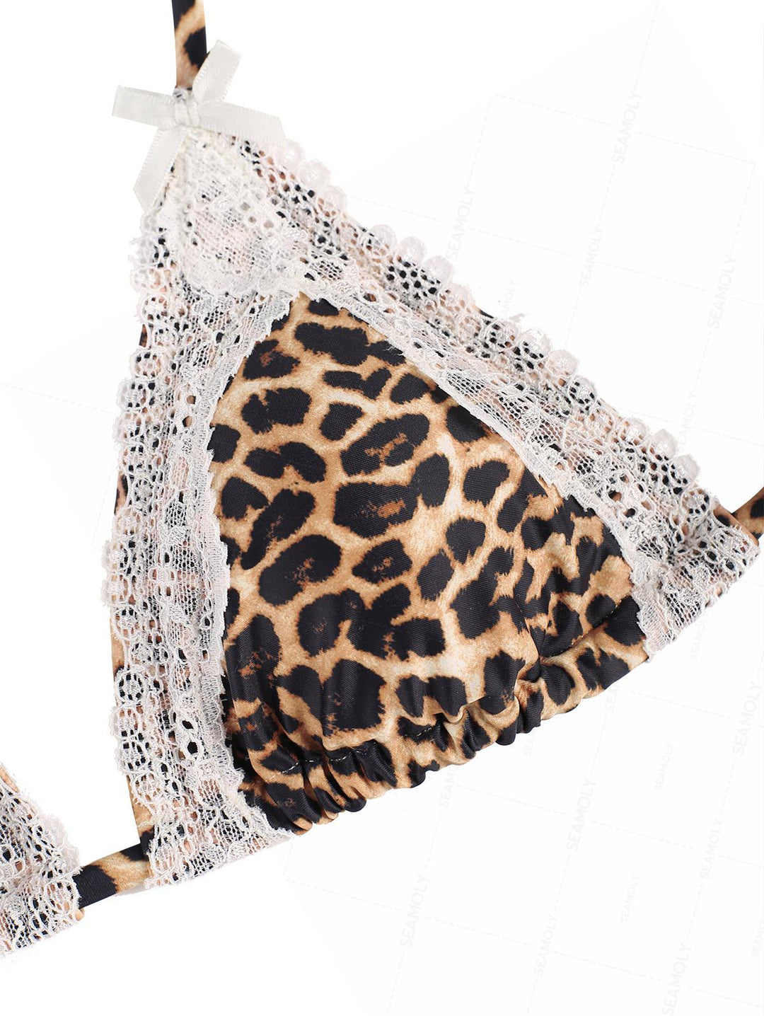 Seamolly Leopard Lace Bowknot Halter Triangle Tie Side Bikini Set