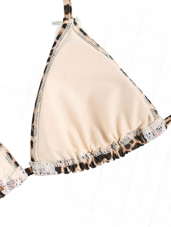 Seamolly Leopard Lace Bowknot Halter Triangle Tie Side Bikini Set