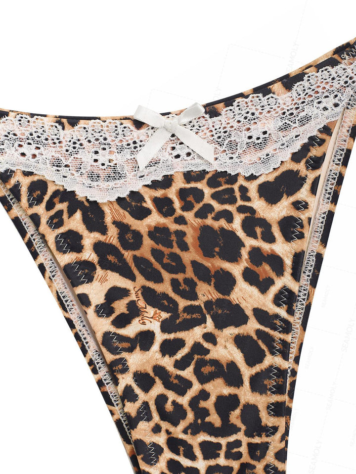 Seamolly Leopard Lace Bowknot Halter Triangle Tie Side Bikini Set