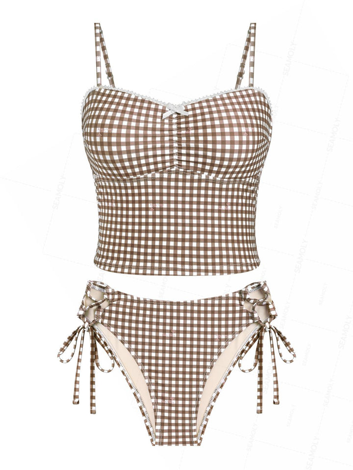 Seamolly Gingham Lace Bowknot Full Coverage Tankini Set
