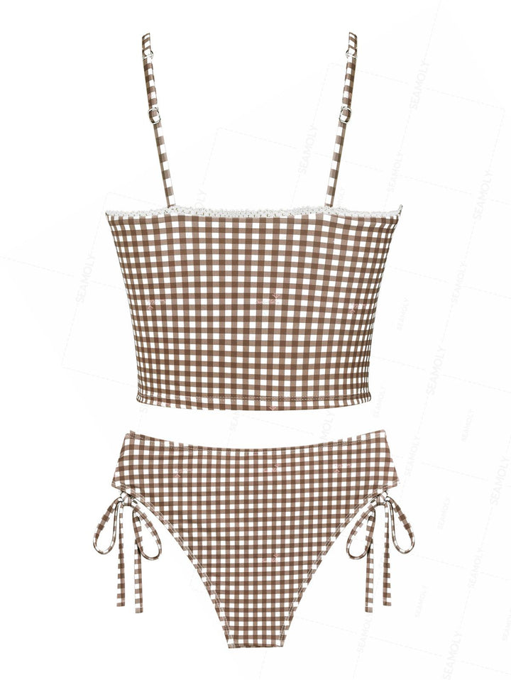 Seamolly Gingham Lace Bowknot Full Coverage Tankini Set