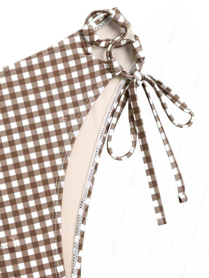 Seamolly Gingham Lace Bowknot Full Coverage Tankini Set