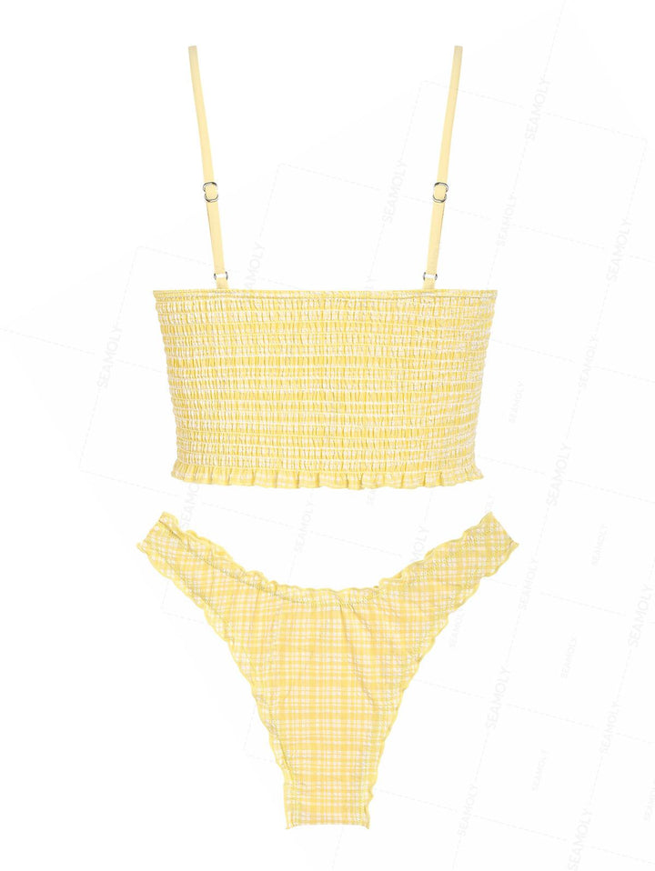 Seamolly Plaid Textured Smocked Ruffles Plunging Neck Tankini Set