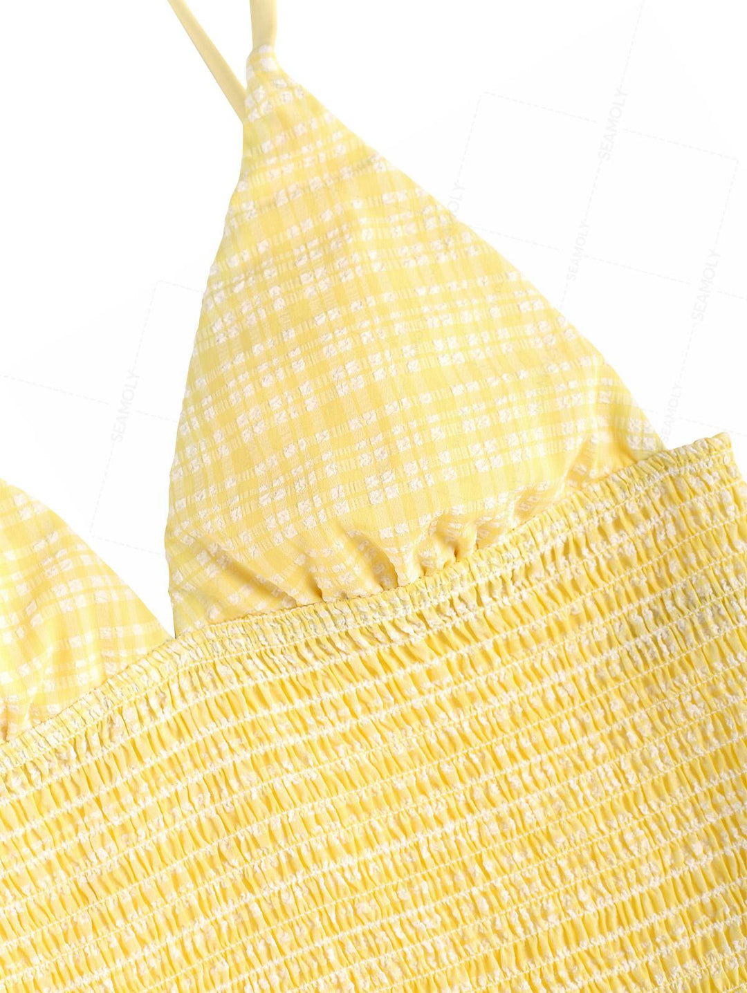 Seamolly Plaid Textured Smocked Ruffles Plunging Neck Tankini Set